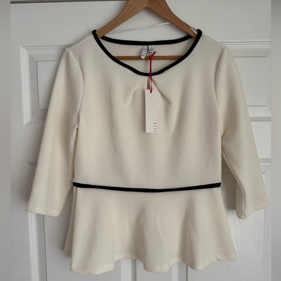 Elle Tops - Elle Women’s White Peplum Blouse with Black Trim | Size Medium | NWT
